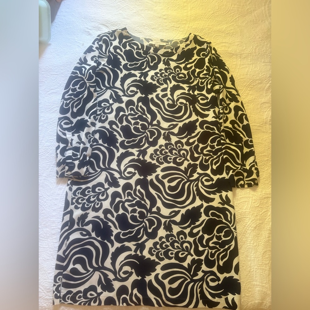 Loft Paisley Black, White, and Navy Blue Dress (M tall)